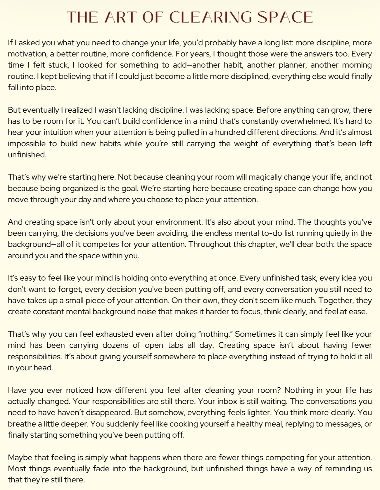 Cream guide page titled The Art of Clearing Space