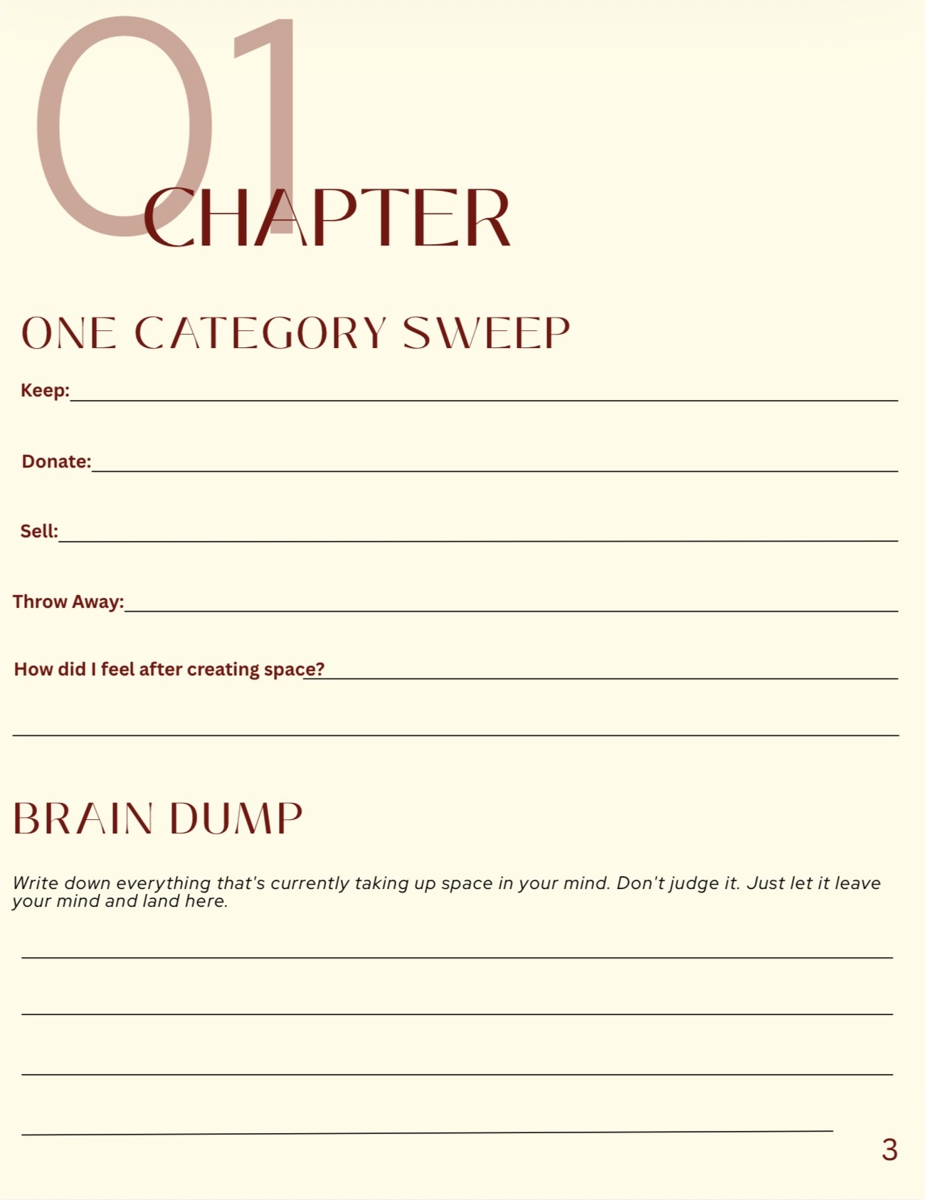 Workbook page featuring the One Category Sweep and Brain Dump exercises
